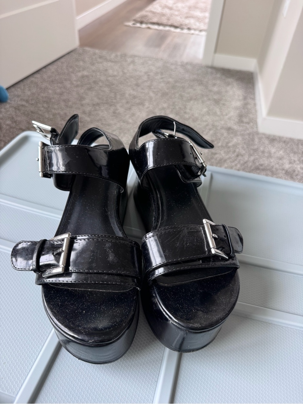 Urban Outfitters Black Patent Platform Sandals with Buckle Details